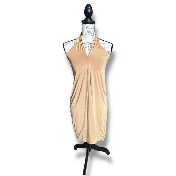 House of Harlow Revolve Halter Bodycon Mini Dress Tan Clubbing Sexy Size Small - Picture 2 of 6